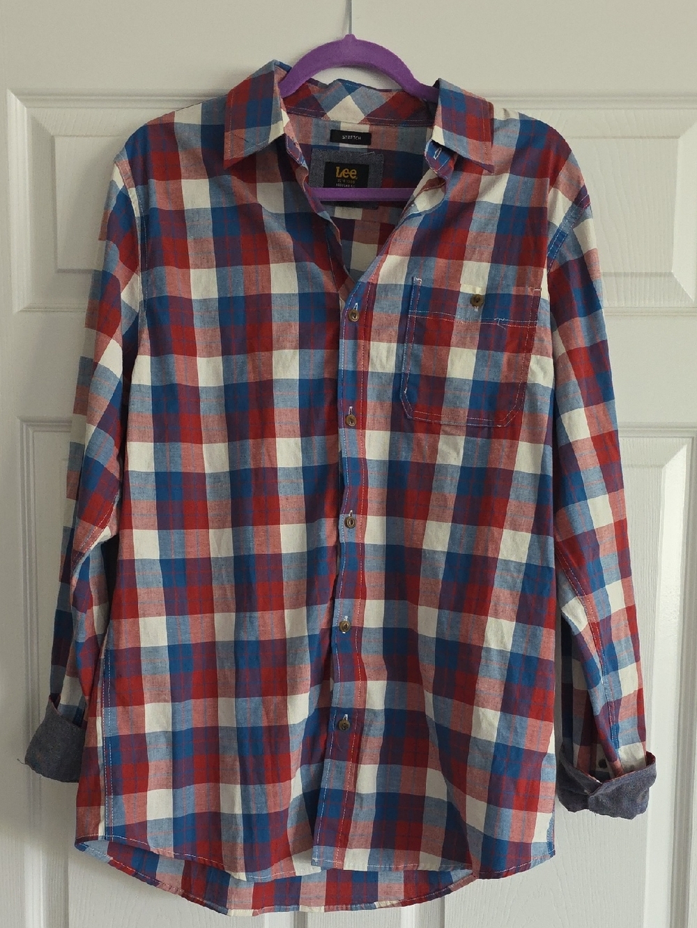 NWT Lee Men's Size M Plaid Stretch Long Sleeve Button Down Shirt Red White Blue